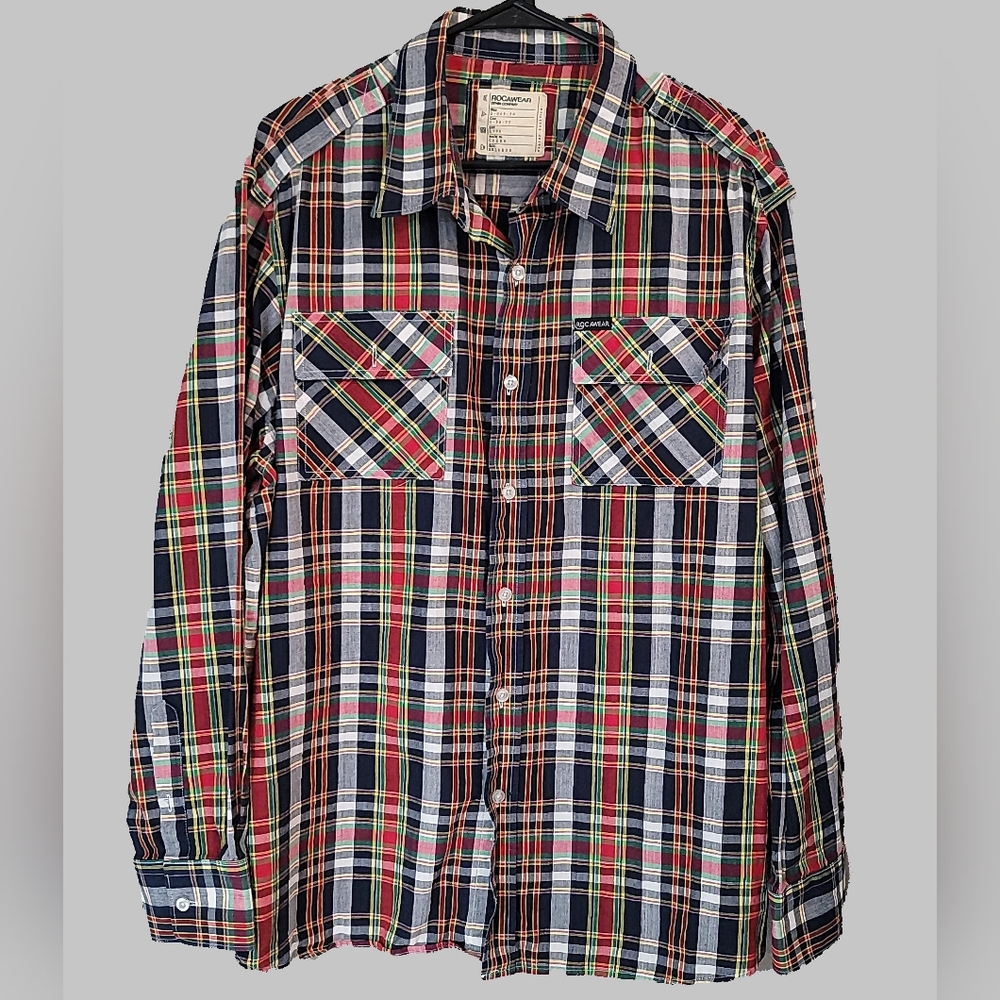 Rocawear Blue and Green Casual Button Down Shirt‎